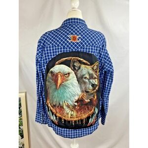 Upcycled Mens Vintage Wrangler Western Shirt XL Blue Pearl Snap Wolf Eagle Ranch